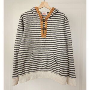 Vintage Nordic hook stripe hooded wool pullover jumper dark grey oatmeal